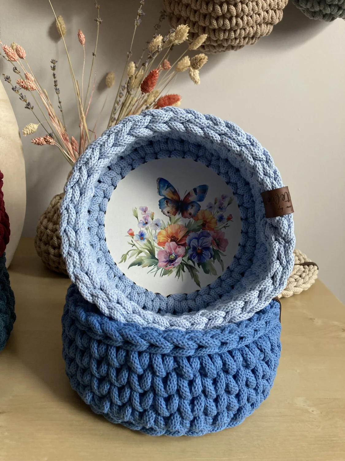 Koszyk dekoracyjny 17 cm | drewniane dno | BŁĘKIT